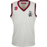 The Gray Nicolls Eastcombe CC Pro Performance Slipover is a sleeveless white sports jersey with maroon trim and lightweight bonded fabric, featuring the black and white Eastcombe Cricket Club logo and two sponsor logos on the chest.