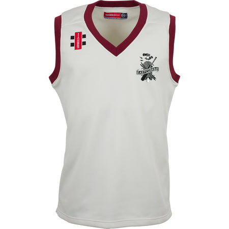 The Gray Nicolls Eastcombe CC Pro Performance Slipover is a sleeveless white sports jersey with maroon trim and lightweight bonded fabric, featuring the black and white Eastcombe Cricket Club logo and two sponsor logos on the chest.