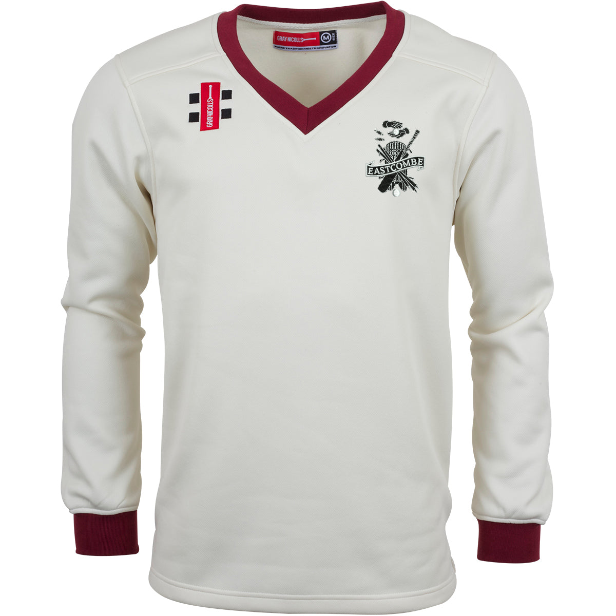 The Gray Nicolls Eastcombe CC Pro Performance Sweater is a white, long-sleeved cricket sweater with maroon cuffs and V-neck, featuring black and red chest logos and an "Eastdale" crest on the left side.