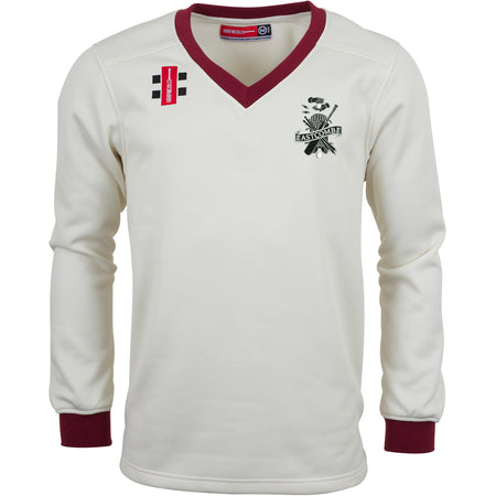 The Gray Nicolls Eastcombe CC Pro Performance Sweater is a white, long-sleeved cricket sweater with maroon cuffs and V-neck, featuring black and red chest logos and an "Eastdale" crest on the left side.