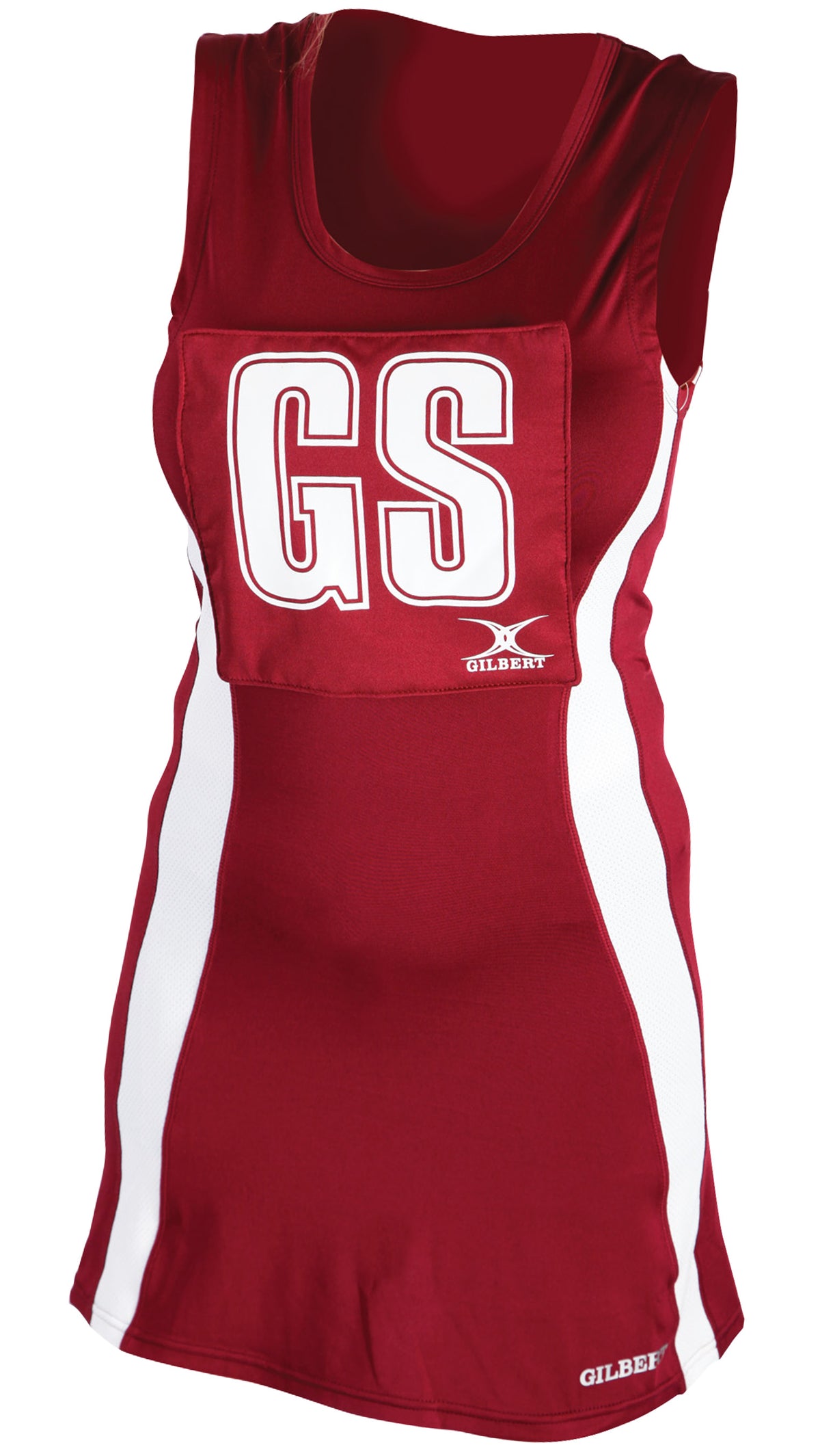 A sleeveless maroon/white Gilbert Eclipse Netball Dress featuring white side panels, a large GS patch on the front, and the Gilbert brand name printed on the women’s uniform.