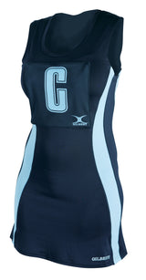 The Gilbert Eclipse Netball Dress by Gilbert in Navy/Sky features a sleeveless design with side panels and C position bib—ideal for any women's netball team uniform.