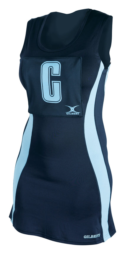 The Gilbert Eclipse Netball Dress by Gilbert in Navy/Sky features a sleeveless design with side panels and C position bib—ideal for any women's netball team uniform.
