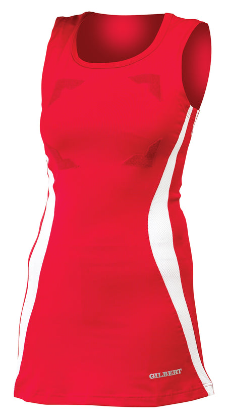 The Gilbert Eclipse Netball Dress by Gilbert features a sleeveless red/white design, scoop neckline, and logo at the hem. This fitted women's netball uniform is crafted for peak athletic performance.