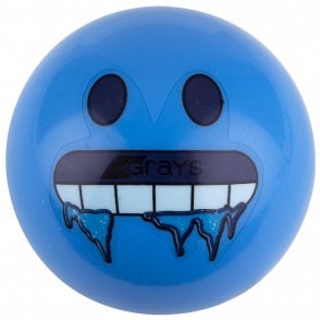 The Grays Emoji Hockey Ball (2021) by Martin Berrill Sports is a blue hockey ball with a cartoon face, large black eyes, and a wide mouth with “Grays” on the teeth—ideal as an emoji hockey ball or for unique practice sessions.