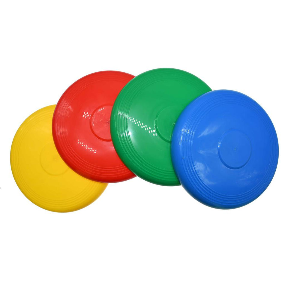 Four durable 9" Essential Frisbee discs by Reydon Sports overlap, showing yellow, red, green, and blue from left to right. Featuring smooth, shiny surfaces and circular ridges, they help boost hand-eye coordination.