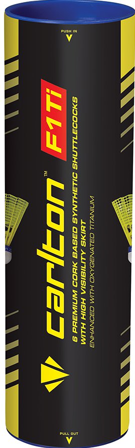 A cylindrical black tube labeled Carlton F1 - TI Shuttles holds 6 premium synthetic white shuttlecocks with a natural cork base. The tube features Carlton branding, yellow/red text, shuttlecock graphics, and a blue top inside rim.