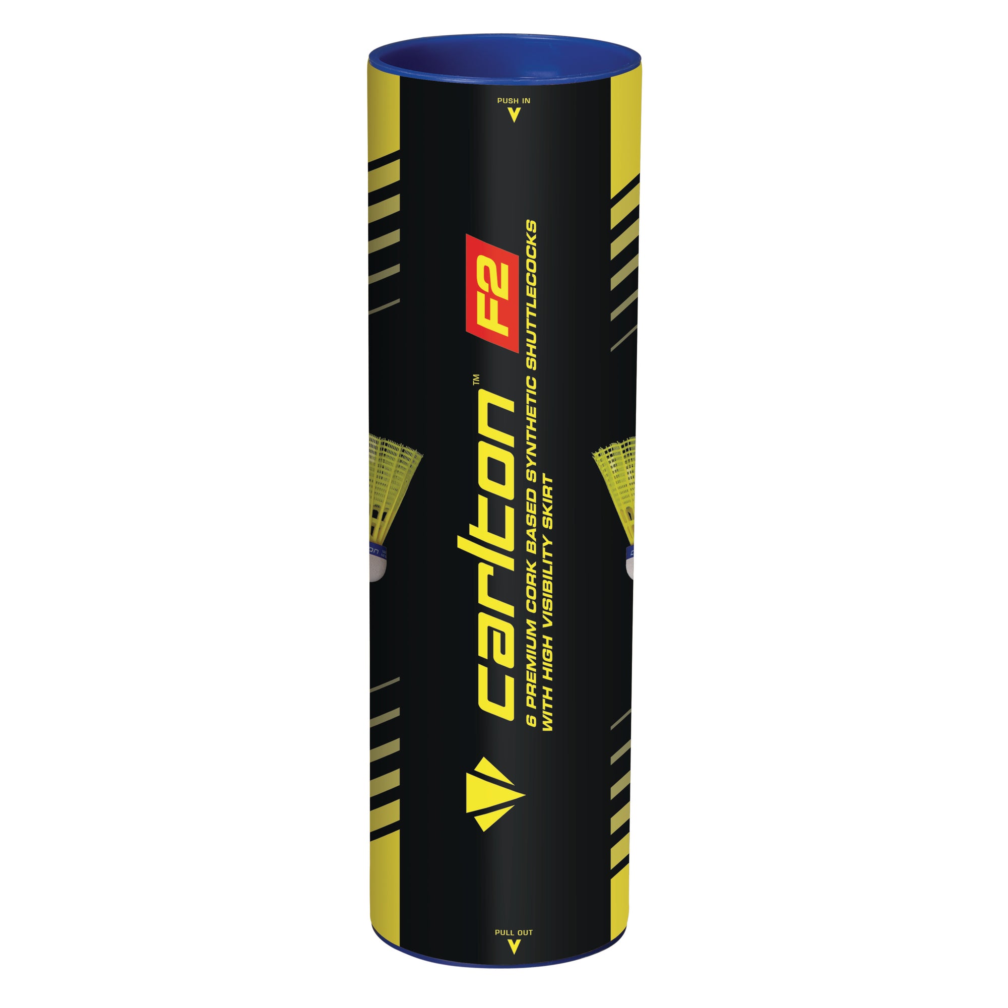 A cylindrical tube of Carlton F2 Shuttles by Carlton features a black and yellow design with the brand logo and product details printed vertically on the packaging.
