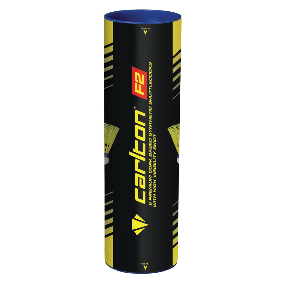 A cylindrical tube of Carlton F2 Shuttles by Carlton features a black and yellow design with the brand logo and product details printed vertically on the packaging.