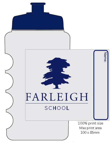 The Martin Berrill Sports Customised Branded Water Bottle features your club or school logo, a large tree, “FARLEIGH SCHOOL,” a navy blue lid, and name label space. Print area: 100 x 85 mm—perfect for custom or promotional bottles.