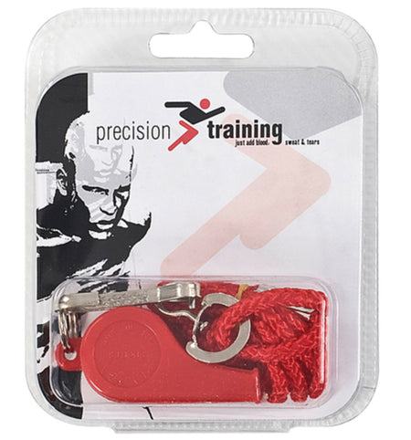 The Precision Training Plastic Whistle & Lanyard (Single) is a red plastic whistle with lanyard, packaged in clear plastic with branded insert—perfect for coaches or referees.