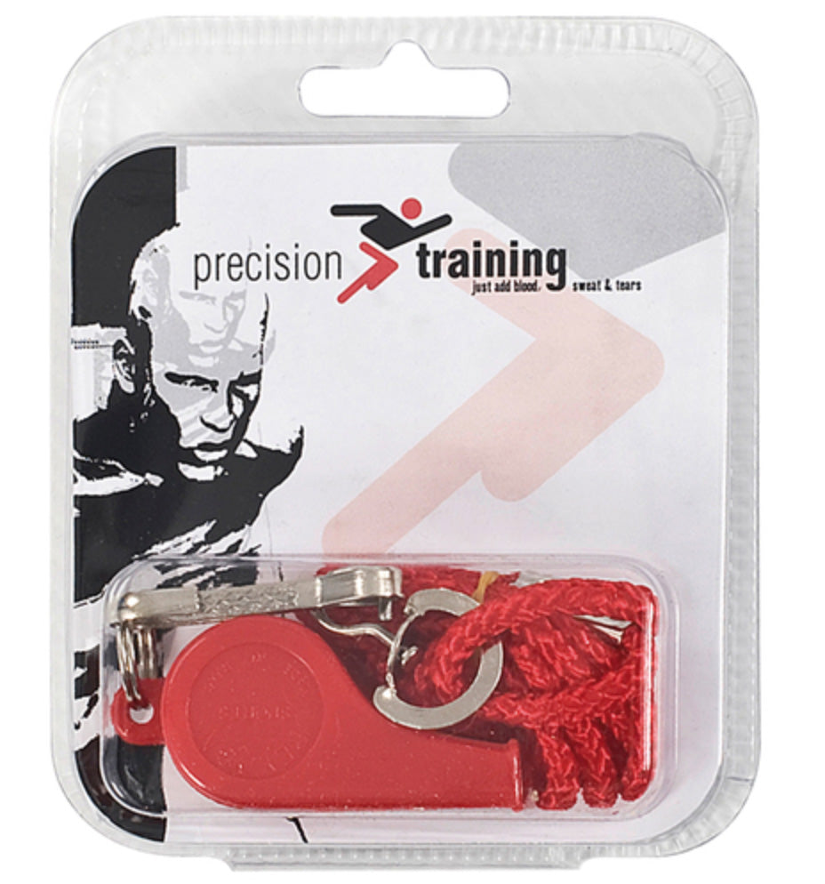 The Precision Training Plastic Whistle & Lanyard (Single) is a red plastic whistle with lanyard, packaged in clear plastic with branded insert—perfect for coaches or referees.