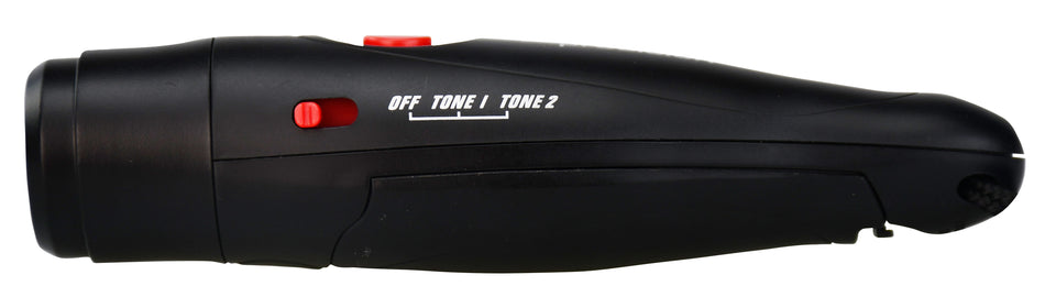 The Precision Training Precision Electronic Whistle is a black handheld device with a red button and a red switch labeled OFF, TONE 1, and TONE 2. Its ergonomic shape makes it ideal for coaches or use as a sports whistle.
