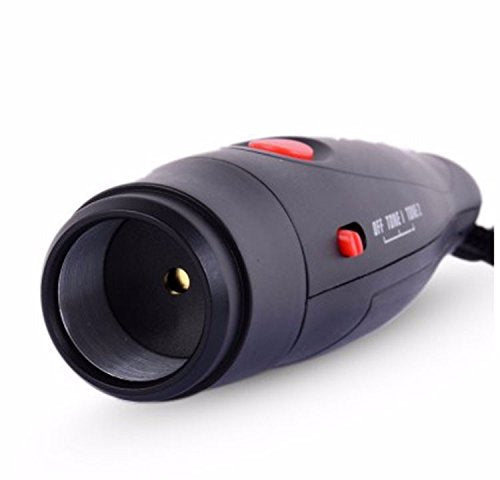 Close-up of the Precision Training Precision Electronic Whistle—a black handheld device featuring a cylindrical opening, red button, and a switch with "OFF, HIGH, MEDIUM, LOW" settings.
