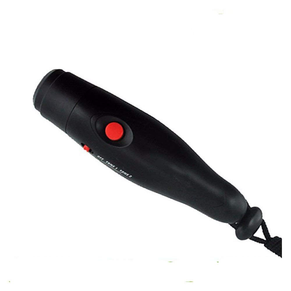 The Precision Training Precision Electronic Whistle is a handheld black flashlight with a red side button and wrist strap, shown on a white background—ideal for coaches as it serves as an electronic or sports whistle during games.
