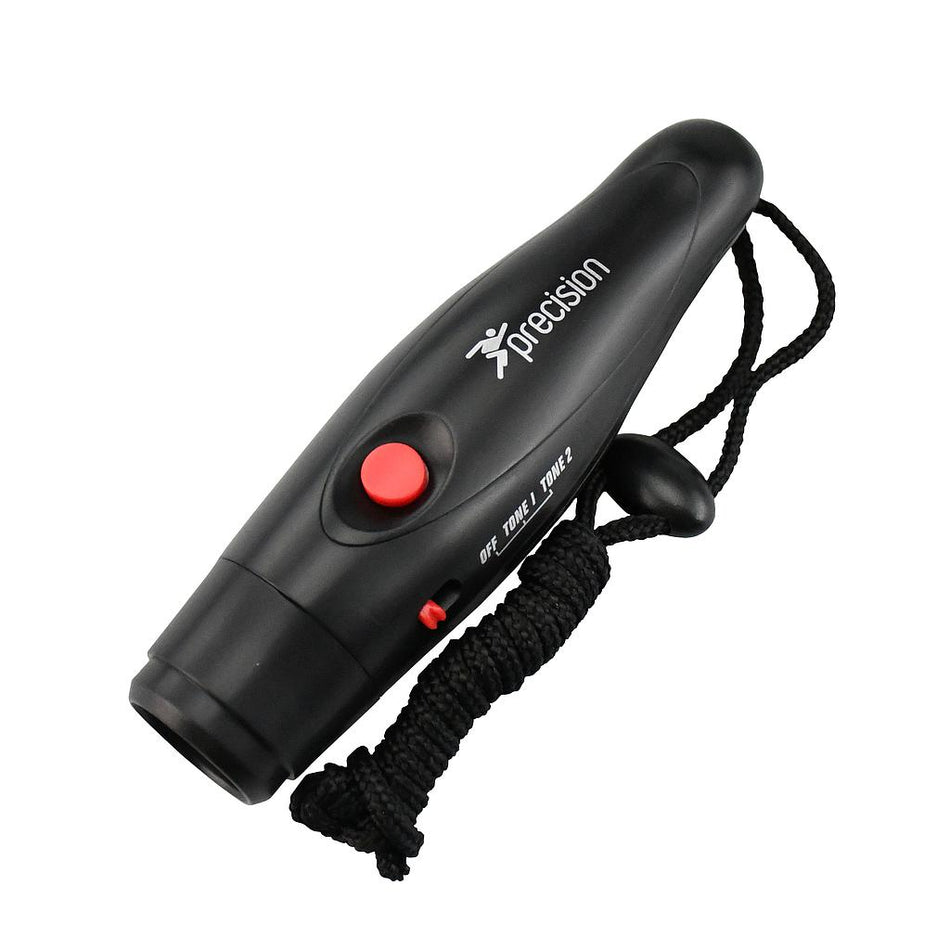 The Precision Electronic Whistle by Precision Training is a handheld black device with a wrist strap, red power button, mode switch, and "Precision" printed on the side—stylishly designed like an electronic whistle.