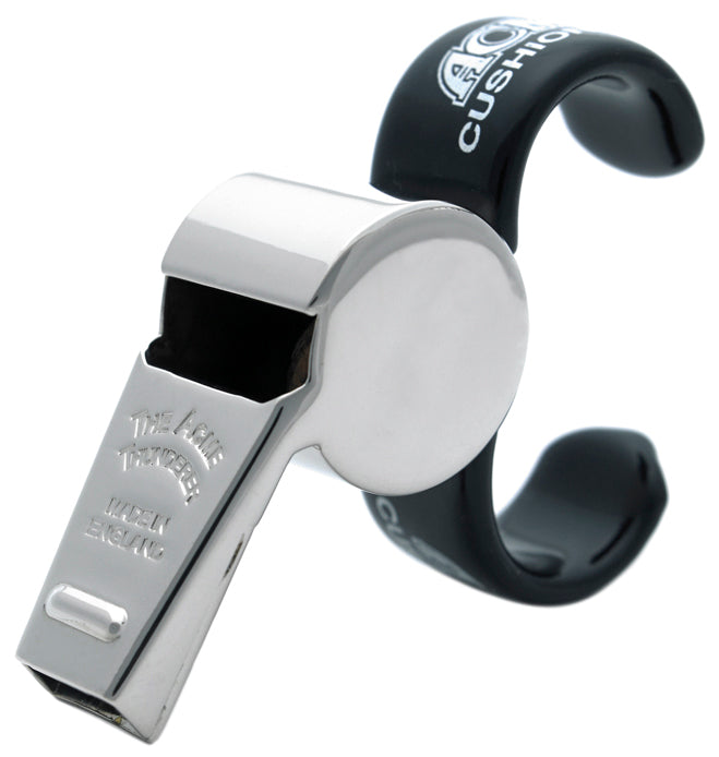 The Precision Training Acme Thunderer Brass Finger Whistle 58.5 features a curved black plastic cushioned finger grip labeled "CUSHION" in white, attached to the metal whistle.