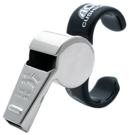 The Precision Training Acme Thunderer Brass Finger Whistle 58.5 features a curved black plastic cushioned finger grip labeled "CUSHION" in white, attached to the metal whistle.