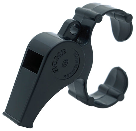 The Precision Training Acme Thunderer Black Plastic Finger Whistle features a lead-free design with a matching curved clip, allowing it to be worn on your hand or fingers for convenient access and increased safety.