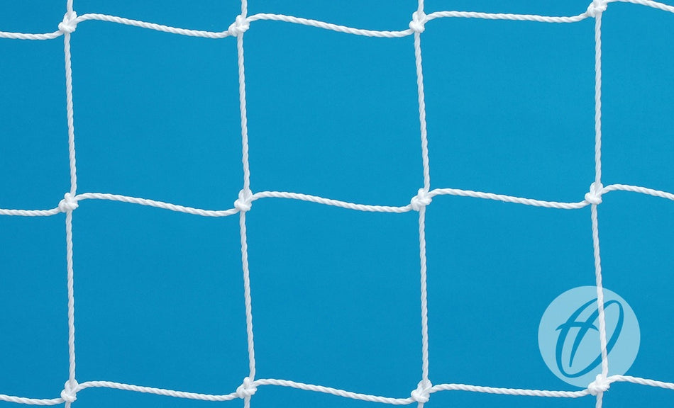A 4mm Poly FPX Football Goal Net by Harrod Sport, designed for senior football goals with square mesh and standard 7.32m x 2.44m dimensions, is displayed against a vivid blue background. In the lower right corner, a subtle circular watermark featuring a stylized A emphasizes the durable quality typical of premium polyethylene nets from Harrod Sport.
