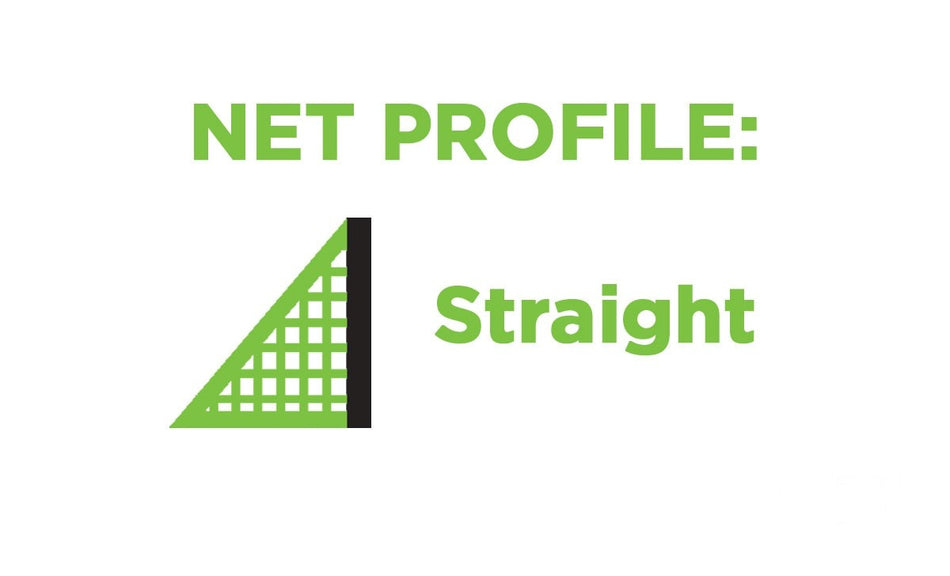 A 2.5mm Poly FP1 Football Goal Net - Senior by Harrod Sport, featuring a green triangular net with a black vertical line and the phrase “NET PROFILE: Straight” in green text on a white background, designed to showcase the classic look of senior football nets made from durable 2.5mm polyethylene.