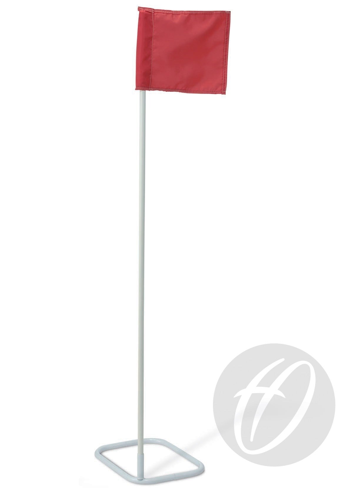A small red flag mounted on a tall, thin Harrod Sport White Flexible PVC 22mm Pole with Spike, featuring a square metal base and isolated on a white background.
