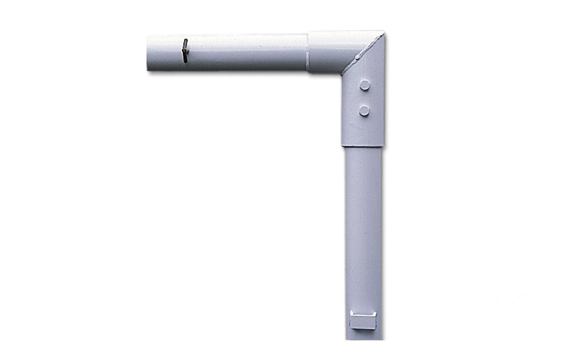 A white, L-shaped PVC locking socket from the Harrod Sport Super Heavyweight Goal (Junior) features two right-angled sections with visible bolts and a small black mark on its upper part, shown against a plain white background.