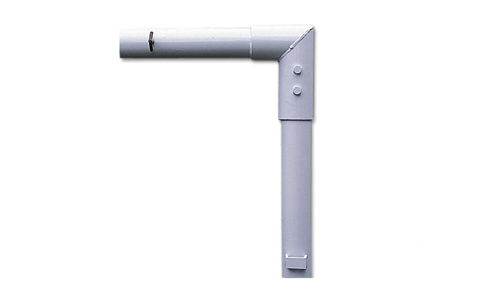 A white, L-shaped PVC locking socket from the Harrod Sport Super Heavyweight Goal (Junior) features two right-angled sections with visible bolts and a small black mark on its upper part, shown against a plain white background.