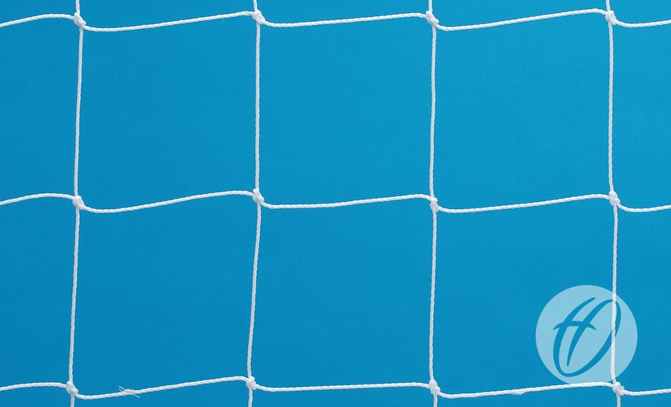 White polyethylene nets from Harrod Sport are stretched vertically and horizontally in a grid pattern against a solid blue background. A circular Harrod Sport “H” logo appears in the lower right corner, evoking the look of the 2.5mm Poly Net - Junior (6.4m x 2.13m).
