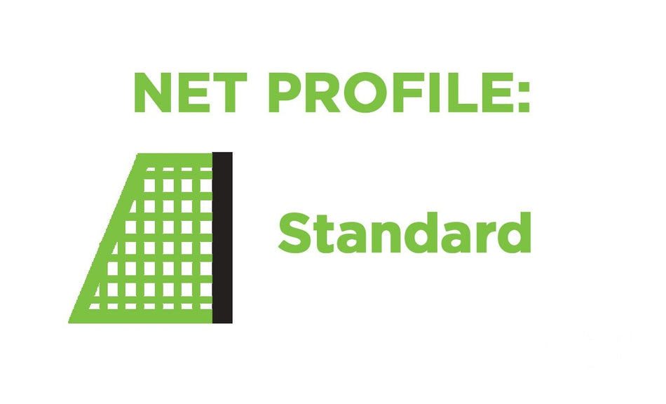 A green illustration of a standard sports net profile, featuring the text “NET PROFILE: Standard” in green on a white background, ideal for highlighting the Harrod Sport 2.5mm Poly Net - Junior (6.4m x 2.13m). Perfect for showcasing durable polyethylene nets designed for junior football goals.