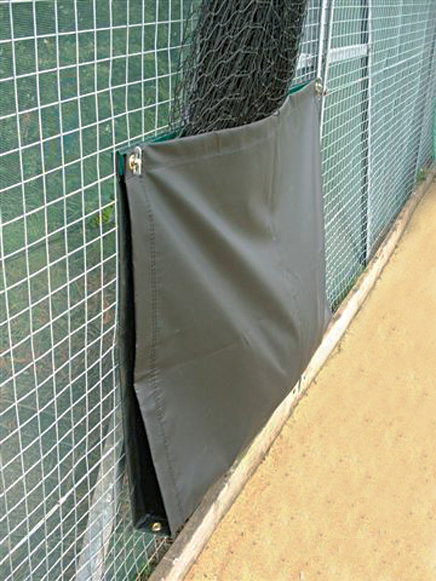 The Harrod Sport Net Storage Pouch is attached to a weld-mesh fence at the edge of a tennis or sports court to catch and store balls as they roll toward the fence.