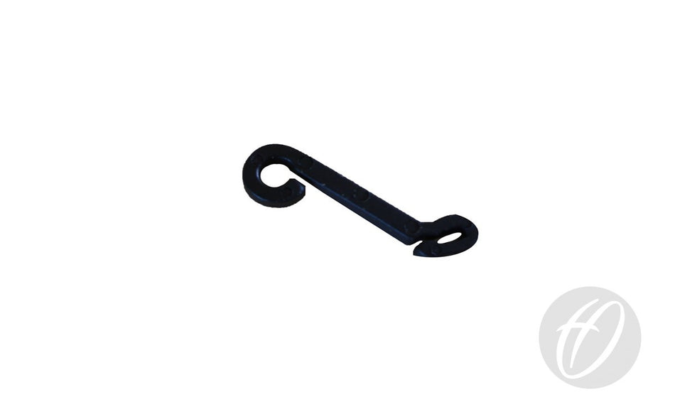 A small black plastic net clip from Harrod Sport, commonly used for securing nets or tarps, features open loops on both ends and is shown laying on a white background. This durable clip, model number FBL-225, comes in an 80 pack as part of the Plastic Net Clips range. A circular logo with a stylized H appears in the bottom right corner.
