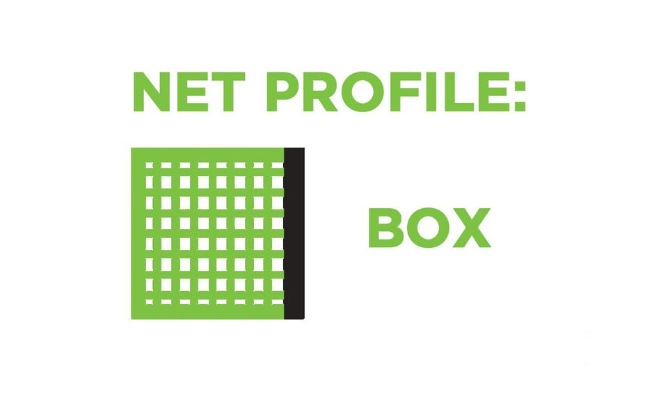Green text reads NET PROFILE: 4mm HEXAGONAL NET - SENIOR 2m RUNBACK next to a green grid square with a black vertical line on the right, all set against a white background, illustrating the Harrod Sport box shape football net design and structure.