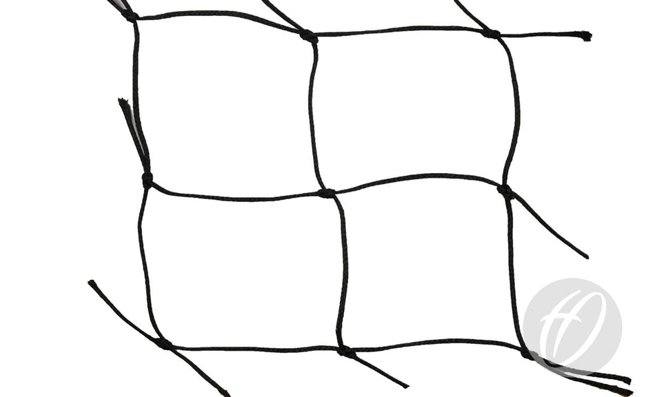 A close-up of the Harrod Sport Senior Football Goal Box Net, featuring 3.5mm black polyethylene with a square mesh and a 1.8m runback, shown against a white background with some ends of the net appearing frayed and untied.