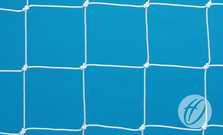 The Harrod Sport Junior FP14 Net, Box Shape, crafted from durable 3mm polyethylene, is shown with its white rope netting and square openings—perfect for junior football goal nets or box shape football nets—set against a solid blue background. A circular watermark with an “f” appears in the bottom right corner, emphasizing both strength and reliability.