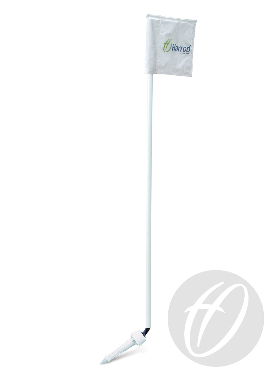 A Harrod Sport 30mm Spring Back Corner Pole, Socket & Connector is shown on a white background; it features a small square flag with a green and blue Harrod logo at the top, has a white rubber-jointed construction to help reduce injury, and includes a pointed base for easy insertion into the ground.