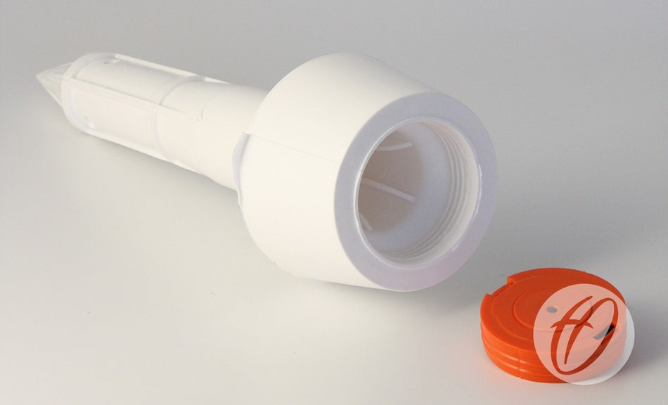 The Harrod Sport Socket & Cap For Spring Back Corner Pole—a white plastic cylindrical pole with a wide threaded opening—lies on its side next to the removed round orange cap on a plain white surface.