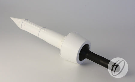 A Harrod Sport Socket & Cap For Spring Back Corner Pole, featuring a white plastic chisel-like tip, wide circular guard resembling a spare socket cap, and black handle, placed on a plain surface.
