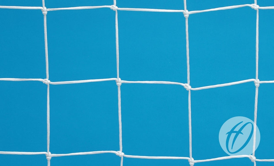 Braided 4mm Harrod Sport football netting for 5v5 goals (4.88m x 1.22m) features square mesh design in white, displayed against a solid blue background. The lower right corner shows a circular Harrod Sport logo with a stylized “h”.