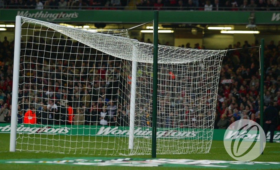 A soccer goal with a tangled net leans on the field, supported by the Harrod Sport Freehanging Net Support System – 4 Poles. A crowd fills the background, and a green barrier displays Worthington’s branding.