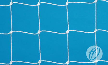 A white Harrod Sport Spare Target Goal Net - 3m x 1m with square openings is displayed against a solid blue background—ideal as a replacement net for your mini training goal. The lower right features a circular logo with an abstract A, and the 3-meter by 1-meter size offers excellent versatility and quick setup.
