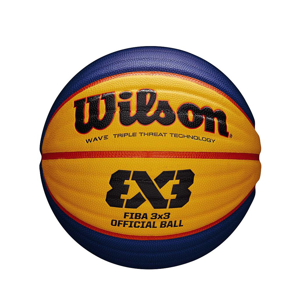 The Wilson FIBA 3X3 Official Game Ball features a yellow, blue, and orange design with WAVE TRIPLE THREAT TECHNOLOGY, FIBA 3x3 OFFICIAL BALL branding, and is made of durable indoor/outdoor rubber. Brand: Wilson.