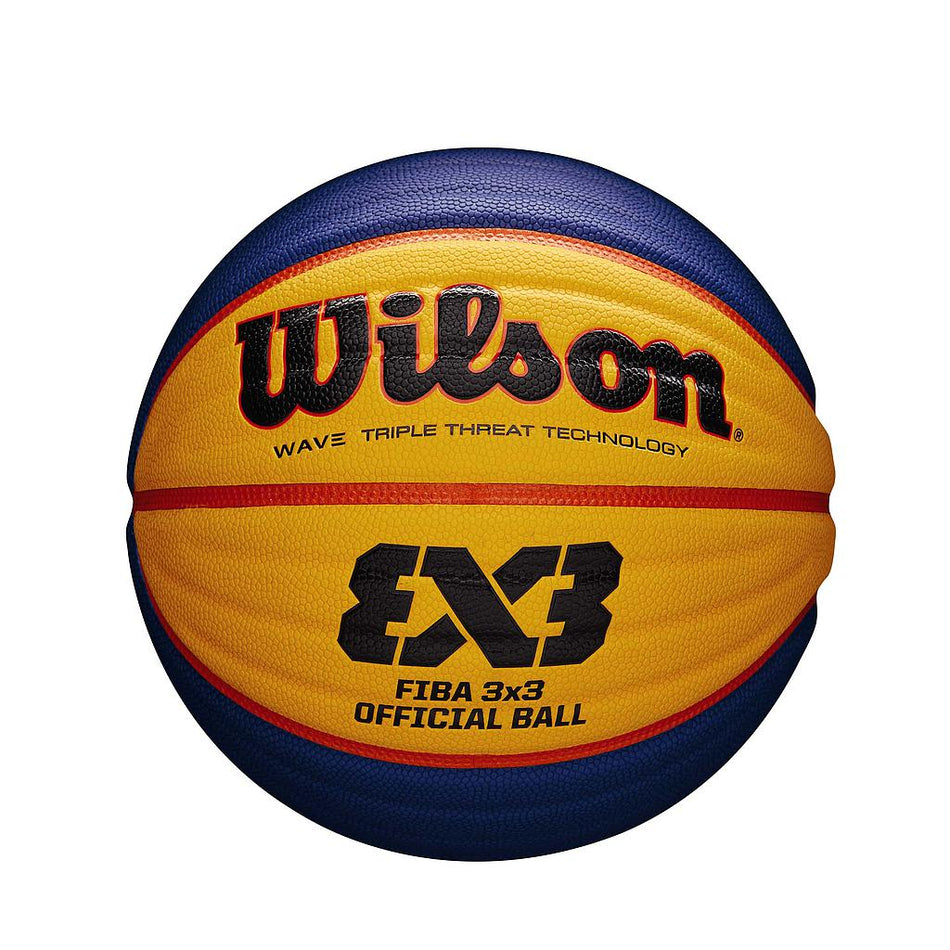 The Wilson FIBA 3X3 Official Game Ball features a yellow, blue, and orange design with WAVE TRIPLE THREAT TECHNOLOGY, FIBA 3x3 OFFICIAL BALL branding, and is made of durable indoor/outdoor rubber. Brand: Wilson.