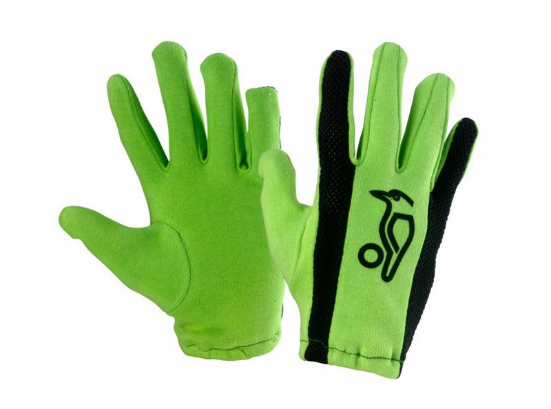 The Kookaburra Full Glove Batting Inners are bright green cotton gloves with a plain palm and a bold black stripe plus bird logo—ideal as inner gloves for cricket.