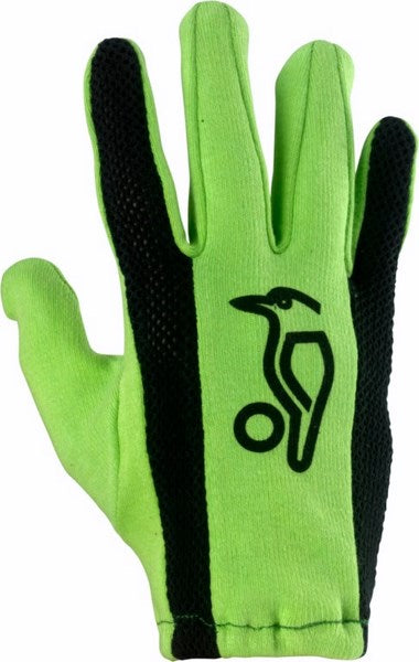The Kookaburra Full Glove Batting Inners feature a bright green design with black accents and a black bird logo—ideal cotton gloves for cricket or as batting inners.