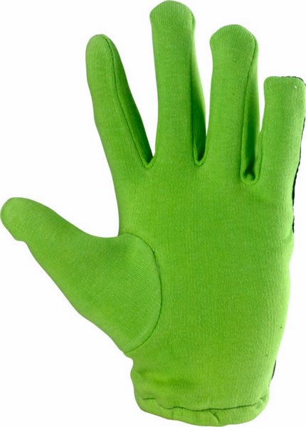 The Kookaburra Full Glove Batting Inners by Kookaburra is displayed in bright green with the palm facing forward, fingers spread, and thumb extended, set against a white background.