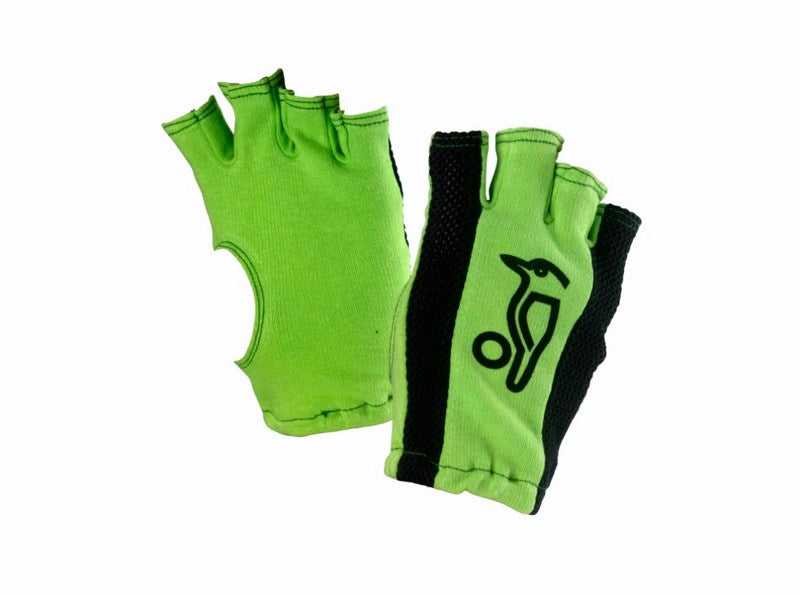 The Kookaburra Fingerless Batting Inner by Kookaburra features a green and black design, a kookaburra and wheel logo, and a breathable cotton mesh back. Shown on a white background.