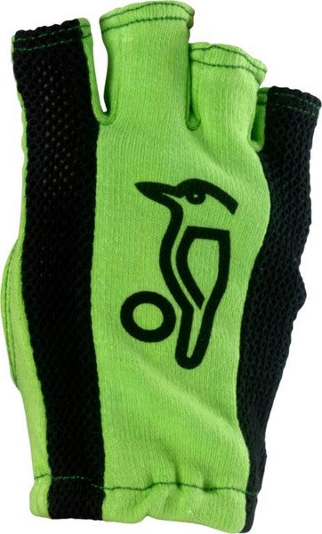 The Kookaburra Fingerless Batting Inner is a green and black glove with a stylized kookaburra logo on the back and cotton mesh sides for breathability.