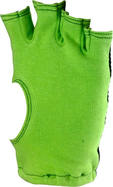 The Kookaburra Fingerless Batting Inner by Kookaburra is a bright green, knitted glove with a cotton mesh back, palm hole, and stitching along the edges. It is shown flat with openings for four fingers and the thumb.