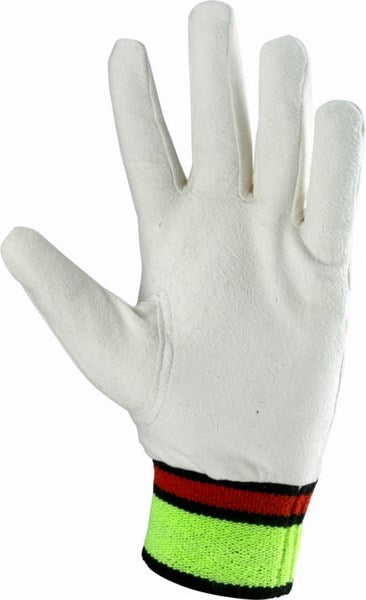 The Kookaburra Full Chamois Inner Gloves for adults feature a white palm with a neon yellow cuff and black and red stripes—shown palm up against a plain background—perfect for added comfort during play.